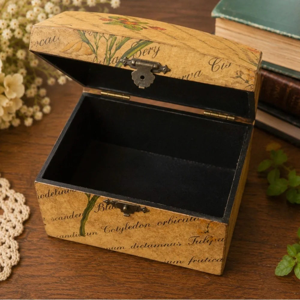 Vintage Floral Botanical Curved Wood Keepsake Box Decoupage Trinket Jewelry